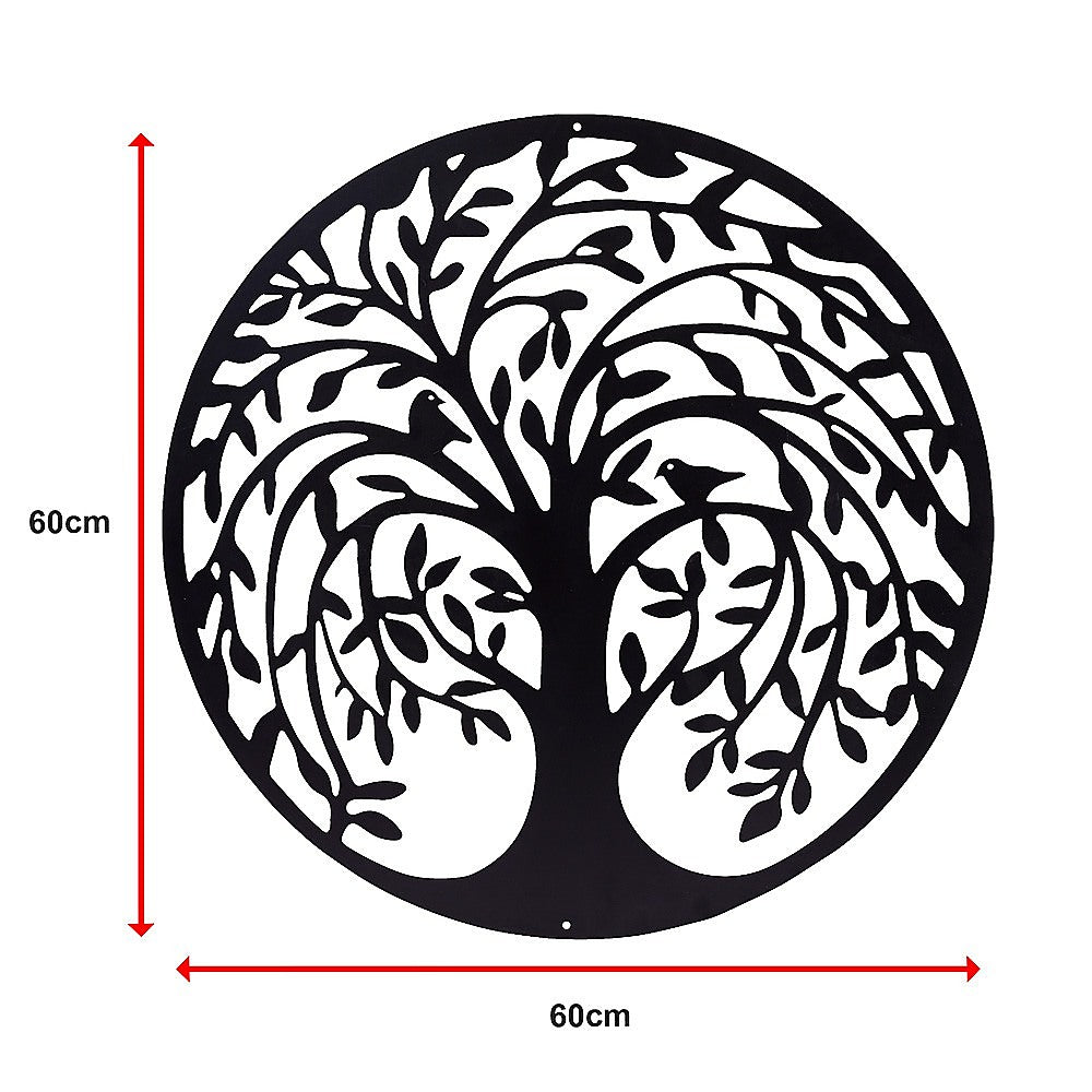 60cm Round Tree of Life and Birds Metal Wall Art Sculpture - Black
