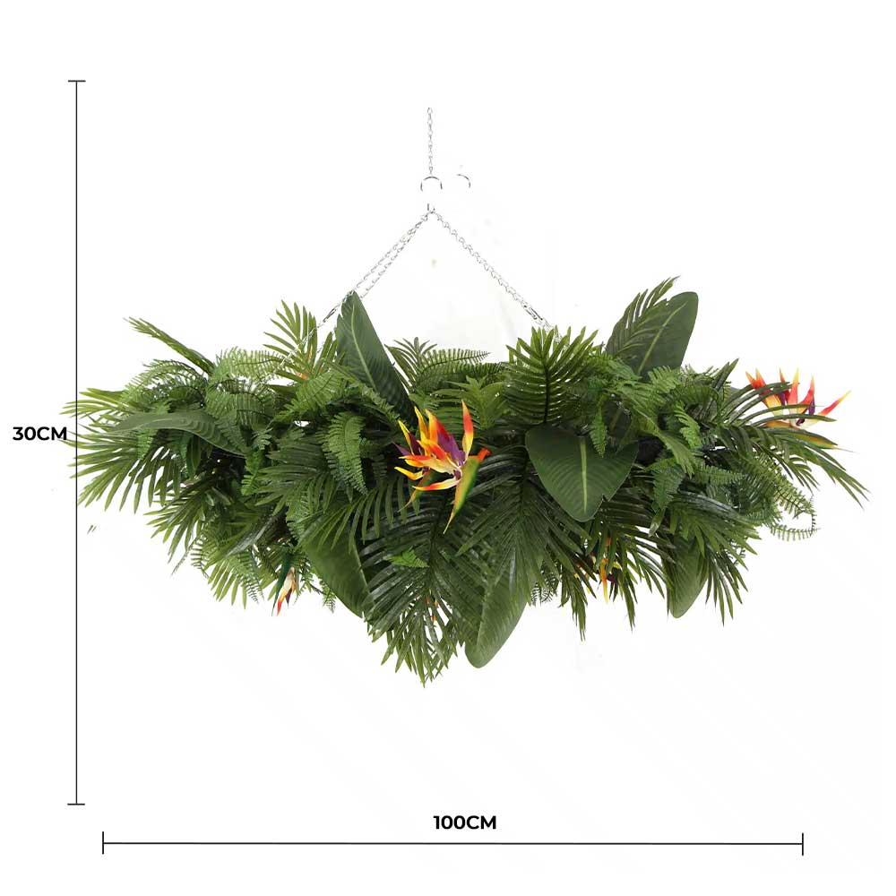 Artificial Hanging Plant Arrangement with Tropical Flowers 100cm x 30cm Rectangular - Vibrant Tropical Colors
