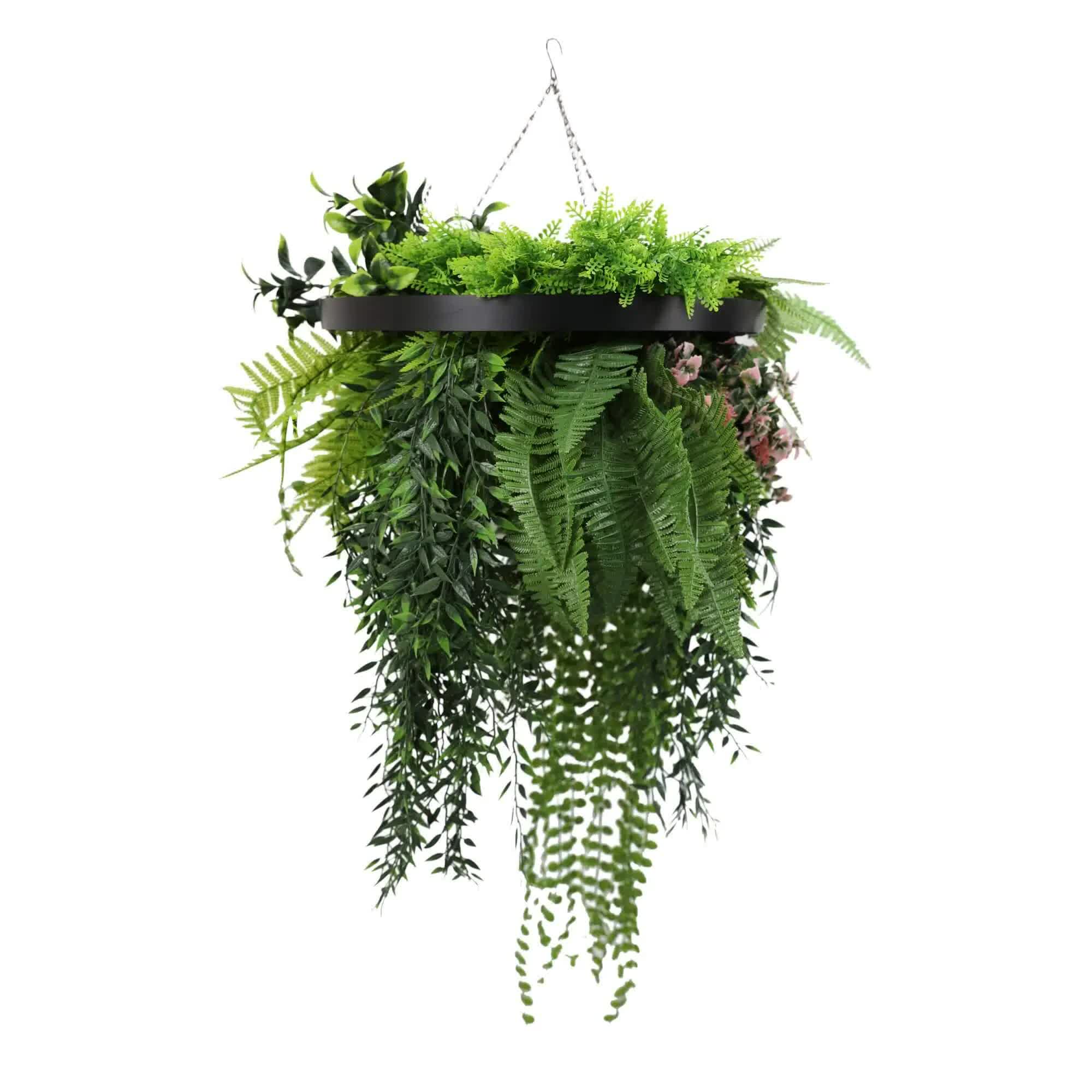 Hanging Artificial Plant Arrangement 40cm UV Resistant with Black Frame - Black