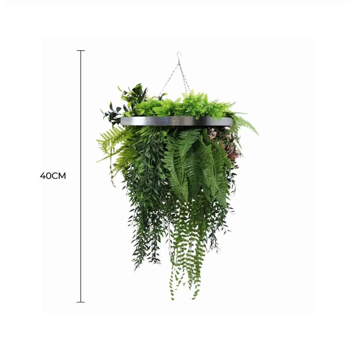 Hanging Artificial Plant Arrangement 40cm UV Resistant with Black Frame - Black