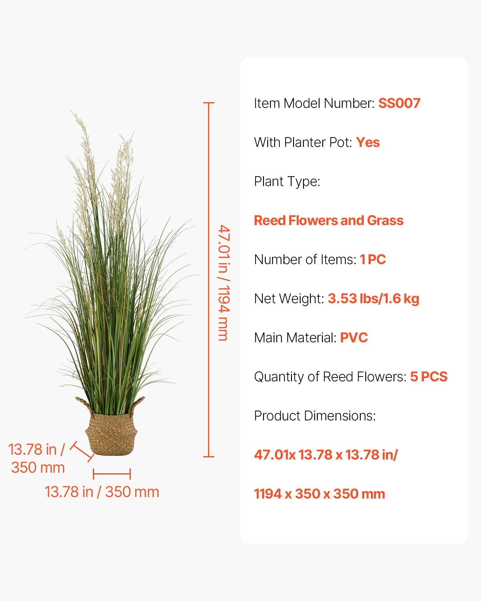 1194mm Artificial Reed Grass Plant in Pot for Indoor Outdoor Décor - Green