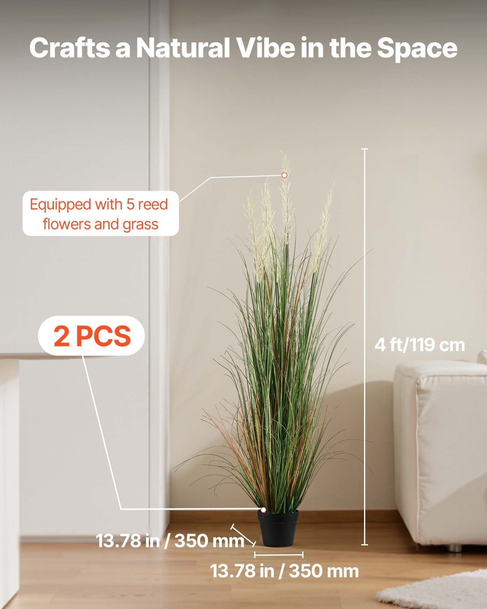2 Pack 1194mm Artificial Reed Grass Plants in Pots, Premium PVC Faux Greenery Shrubs for Indoor Outdoor Décor - Green