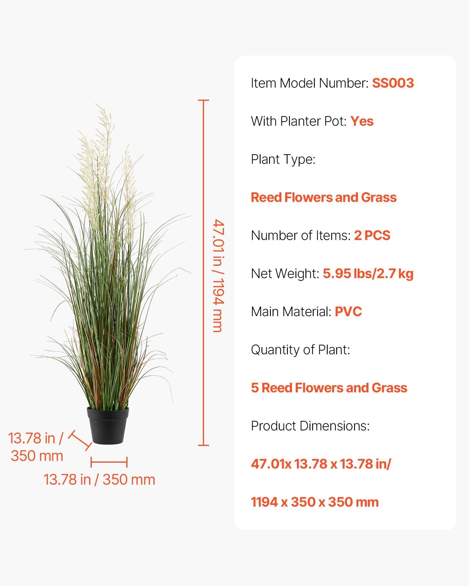2 Pack 1194mm Artificial Reed Grass Plants in Pots, Premium PVC Faux Greenery Shrubs for Indoor Outdoor Décor - Green