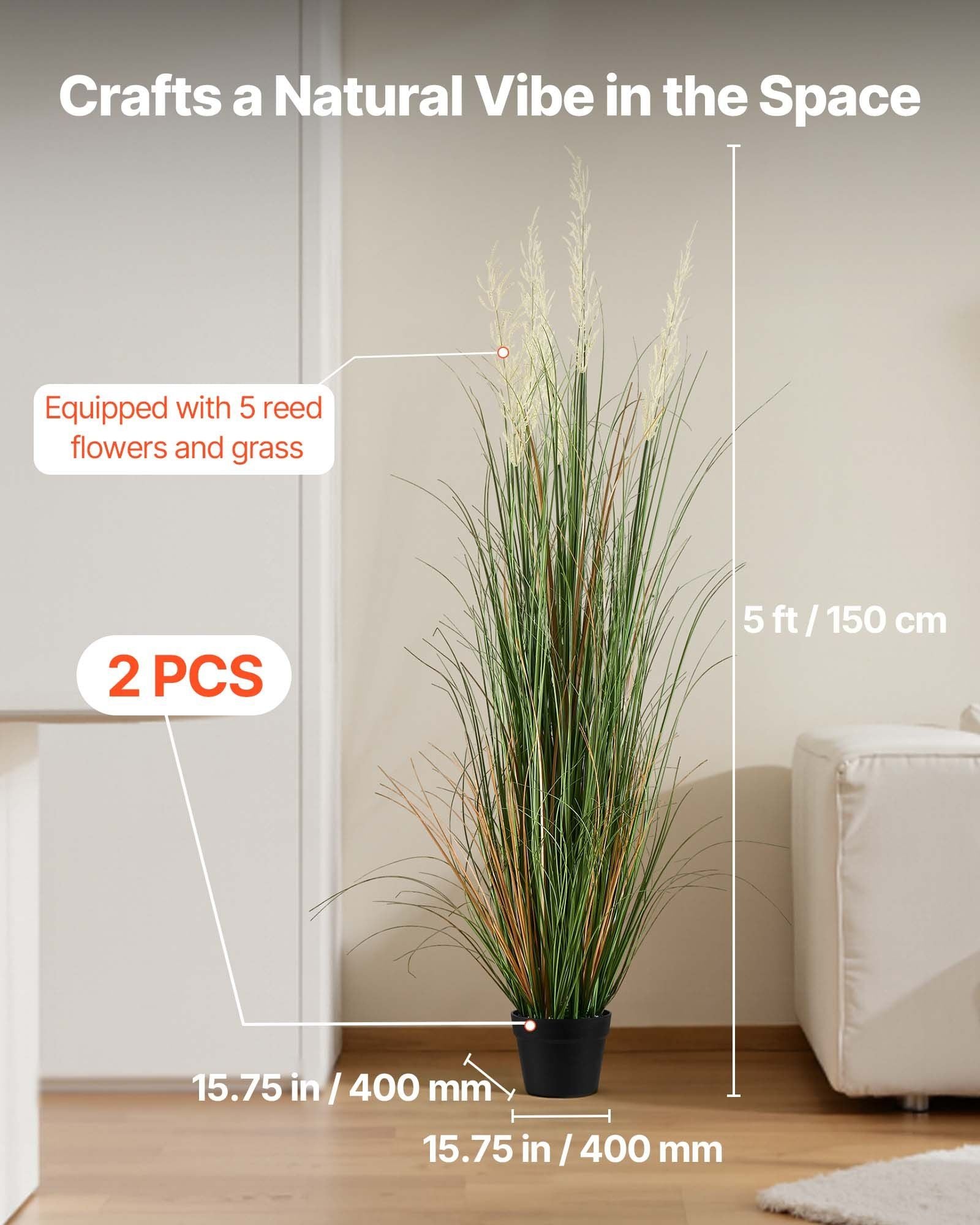 2 Pack 1499mm Artificial Grass Plants in Pots, Faux Reed Flower Greenery for Indoor Outdoor Décor - Green