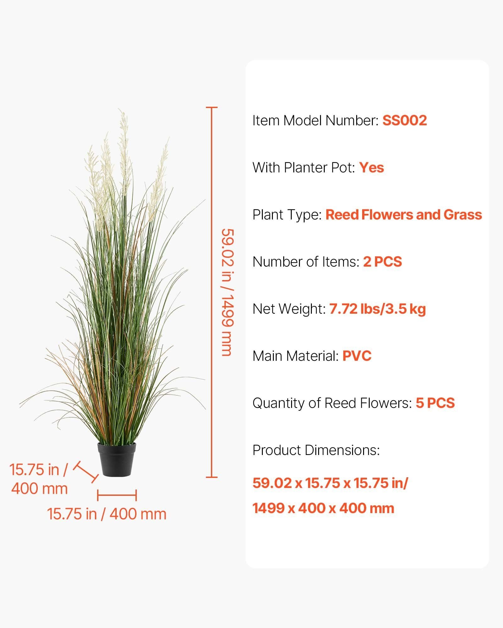 2 Pack 1499mm Artificial Grass Plants in Pots, Faux Reed Flower Greenery for Indoor Outdoor Décor - Green