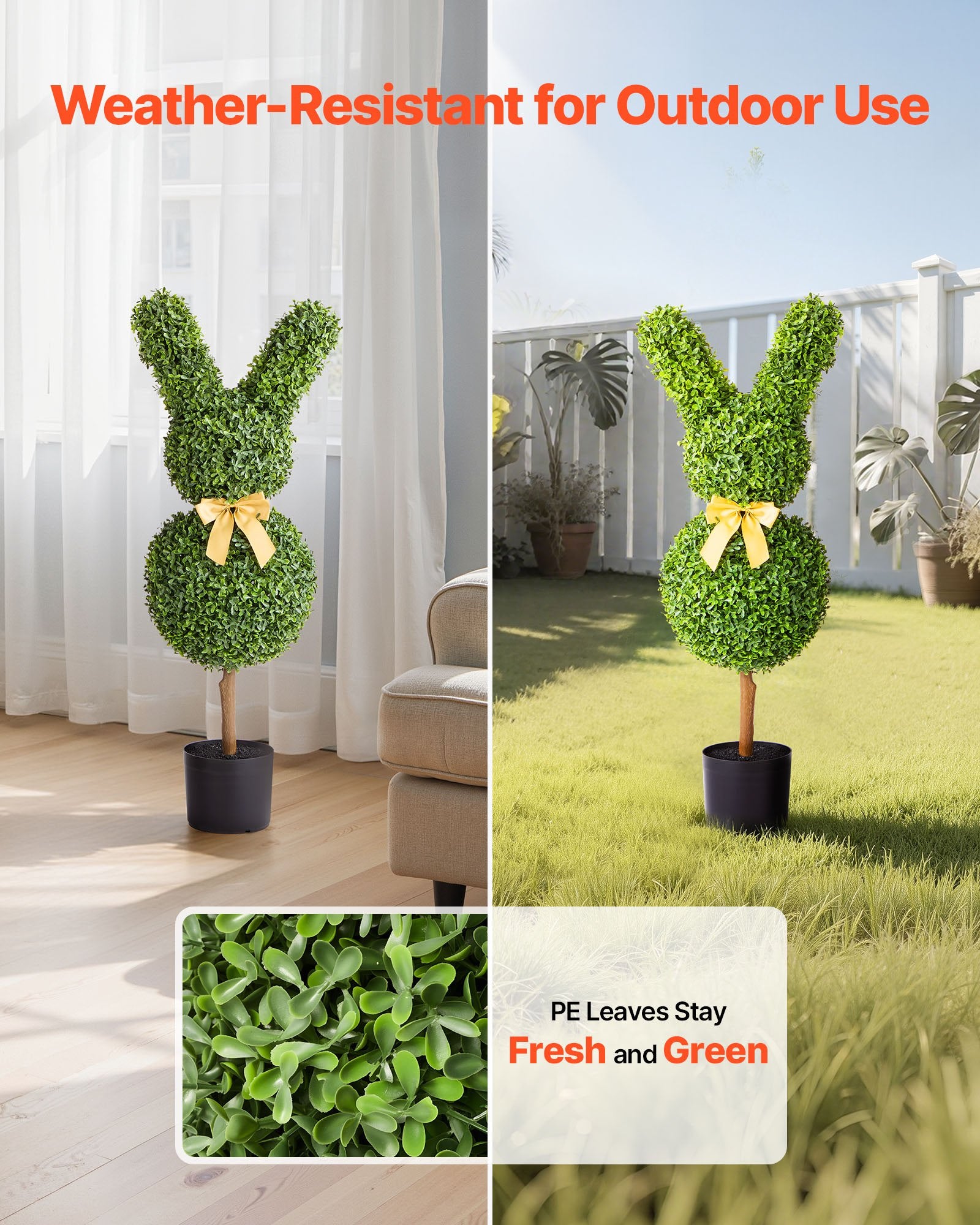 Artificial Topiary Bunny-Shape Boxwood Balls 2 Set 914mm Faux Silk Plant Decor - Natural Green