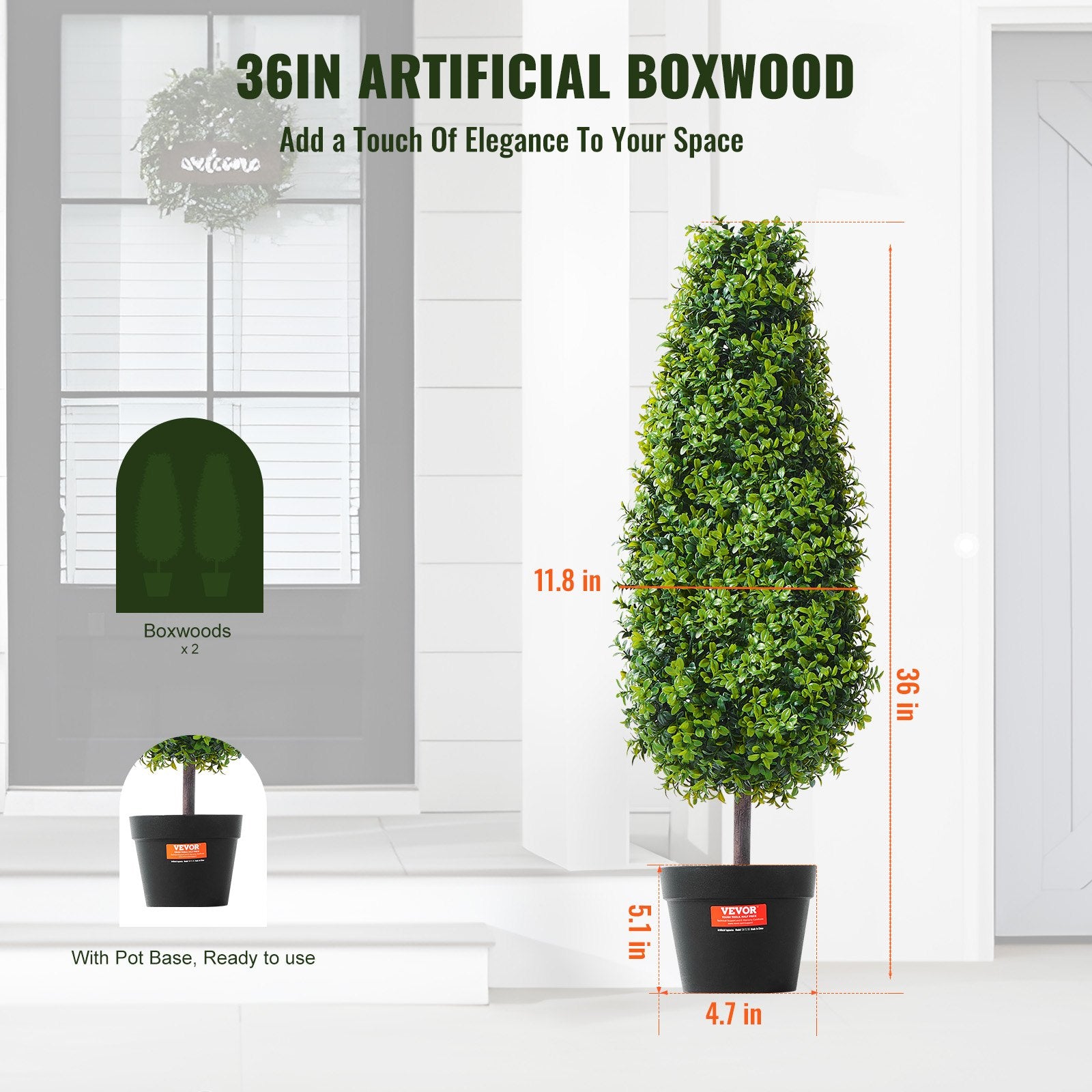 2 Pack 91.4cm Artificial Boxwood Topiary Trees with Base Pots - Green