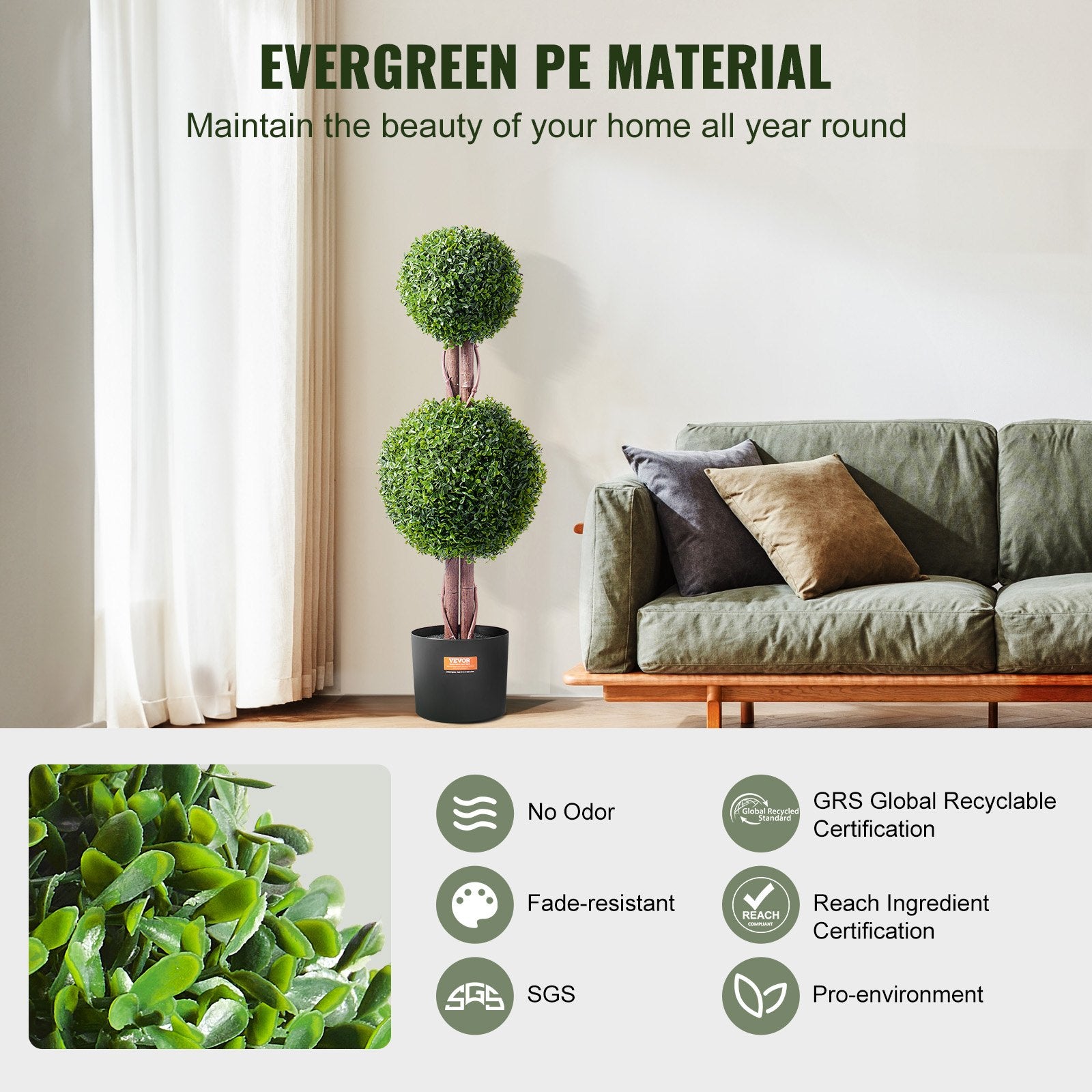 2 Pack 91.4cm Artificial Boxwood Double-Ball Topiary Trees for Indoor Outdoor - Natural Green