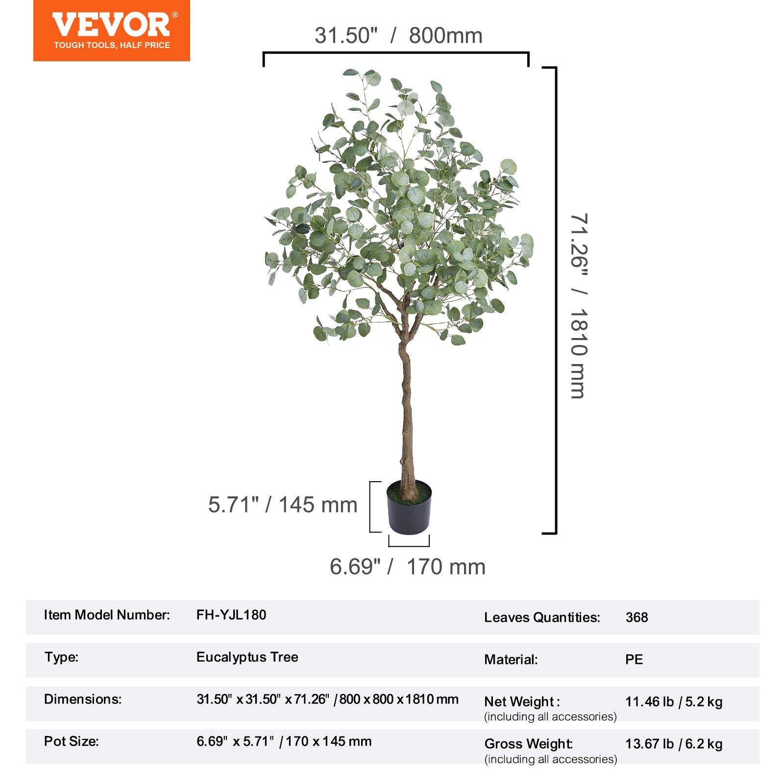 Artificial Eucalyptus Tree 15.2cm with Anti-Tip Protection Low-Maintenance Faux Plant - Green