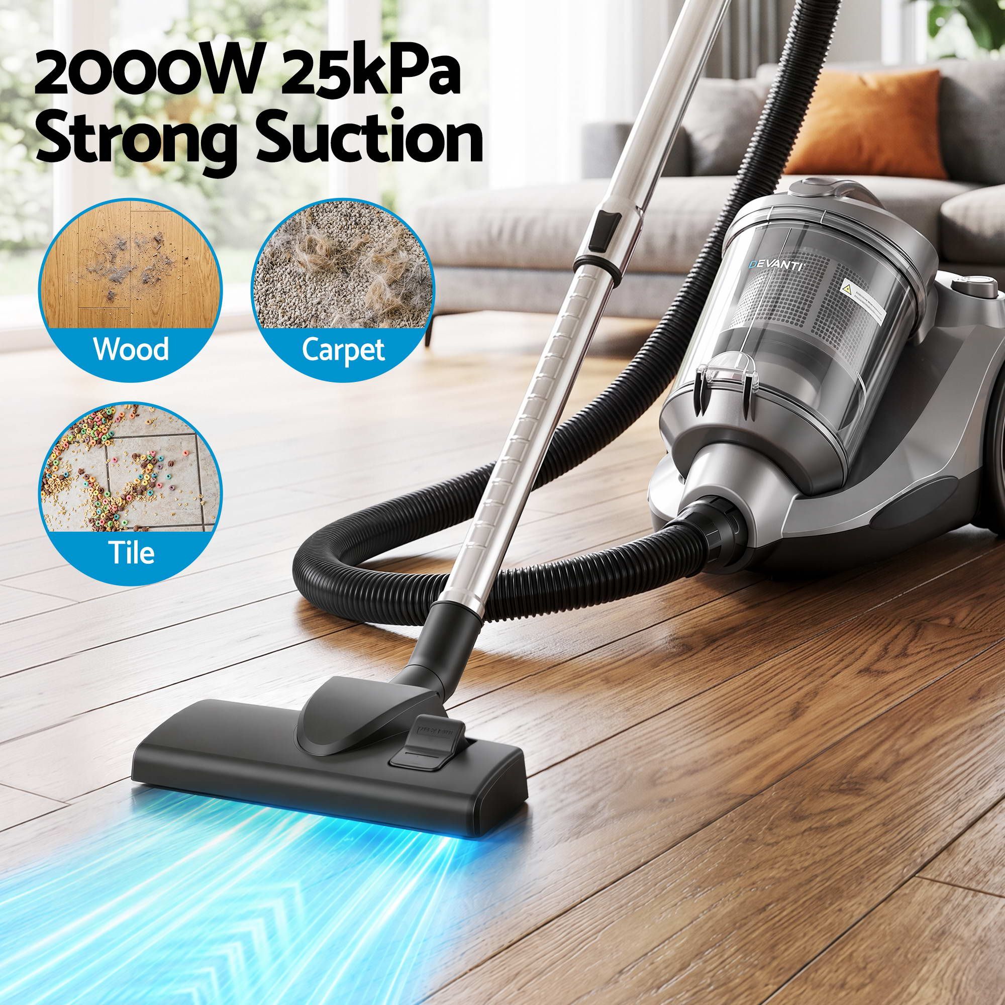 Vacuum Cleaner Bagless Canister 2000W 25kPa Powerful Suction 4L