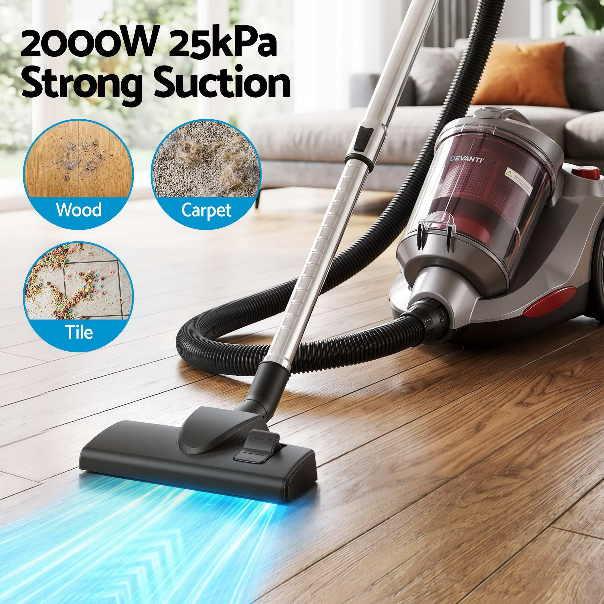 Vacuum Cleaner Bagless Canister 2000W 25kPa Powerful Suction 4L