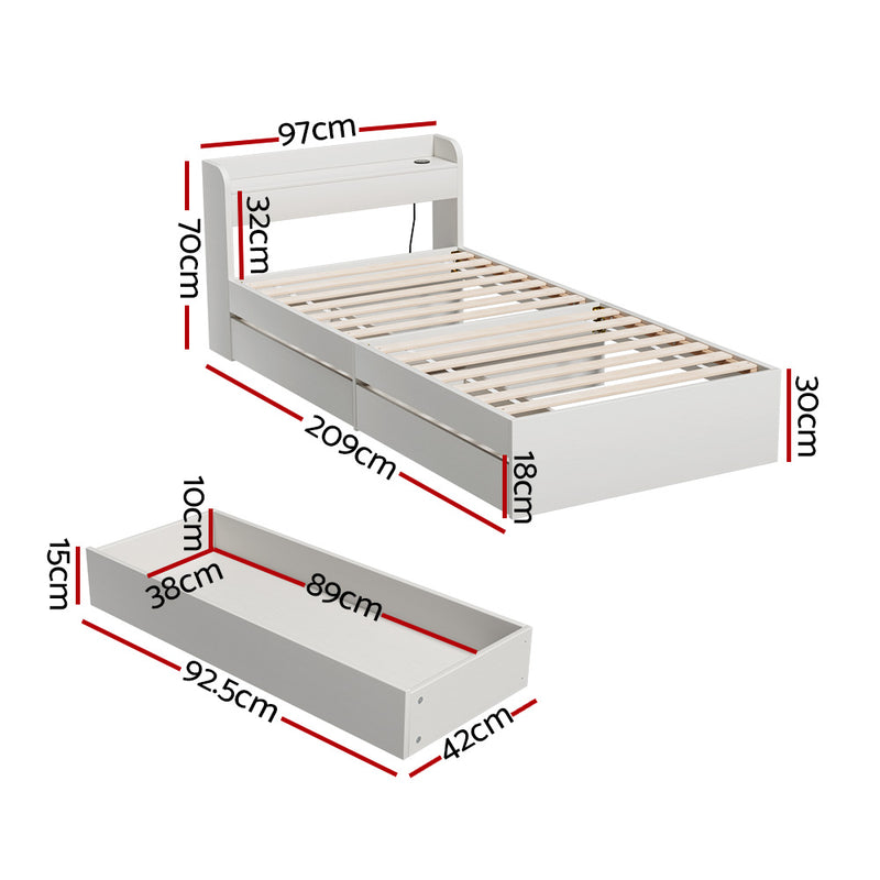 Aura Single Bed Frame With 2 Storage Drawers White