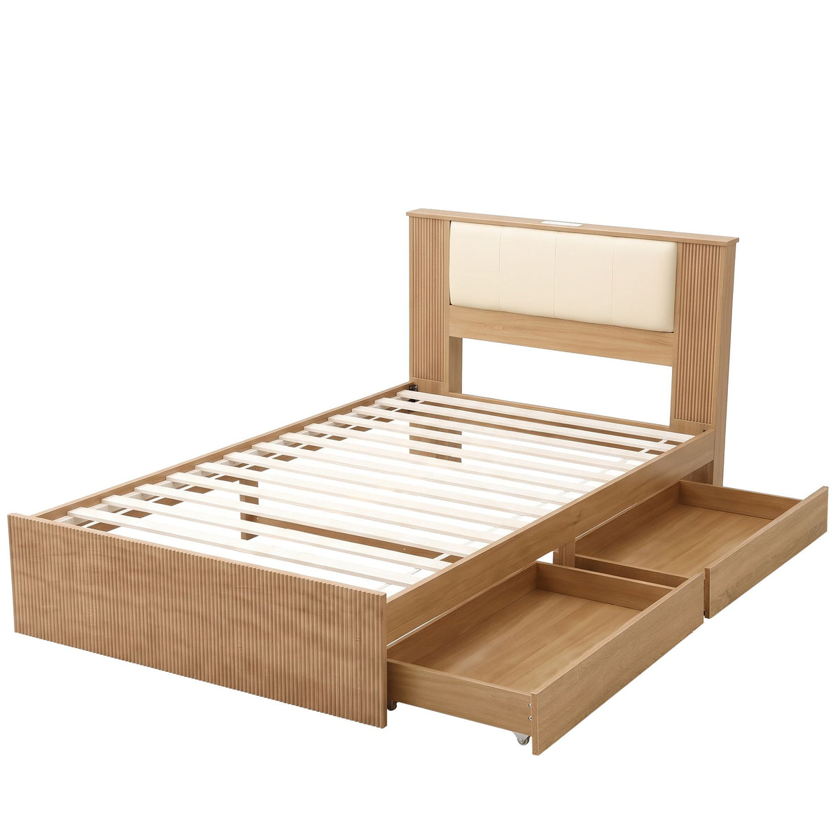 King Single Bed Frame with 2 Drawers, PU Leather Headboard & Charging Station