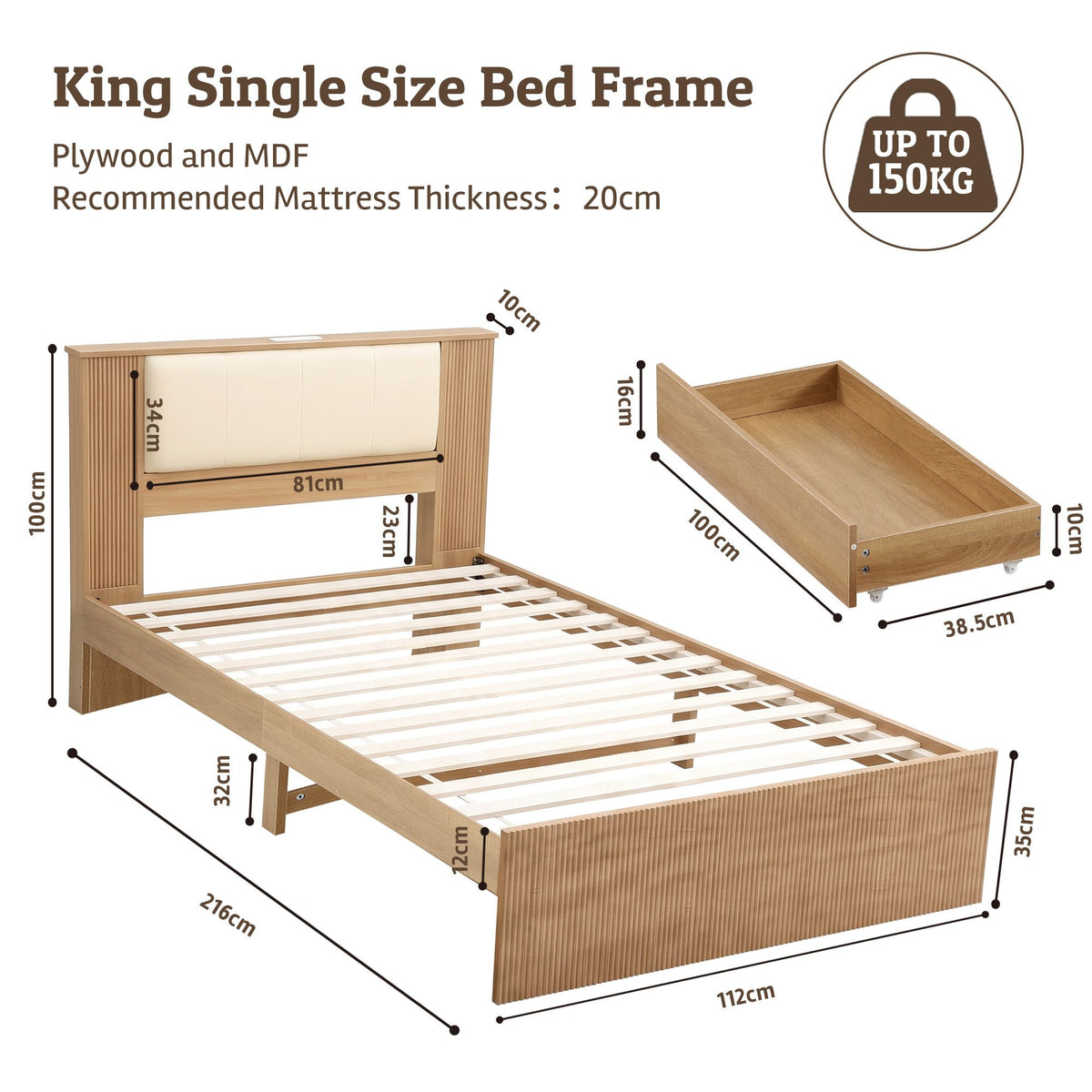 King Single Bed Frame with 2 Drawers, PU Leather Headboard & Charging Station