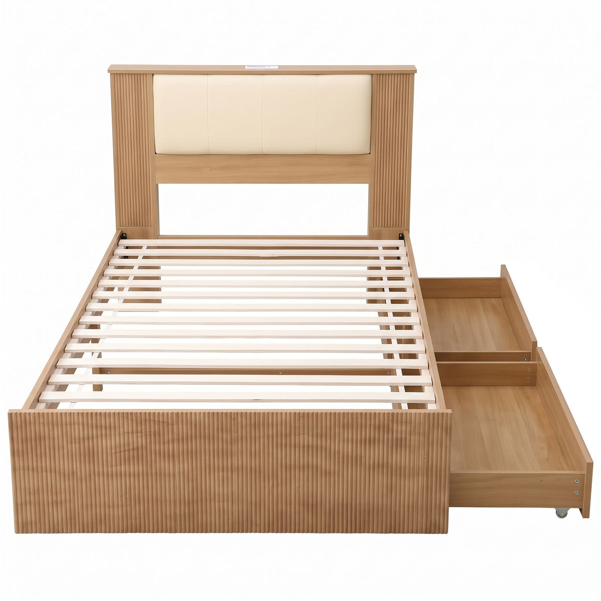 King Single Bed Frame with 2 Drawers, PU Leather Headboard & Charging Station