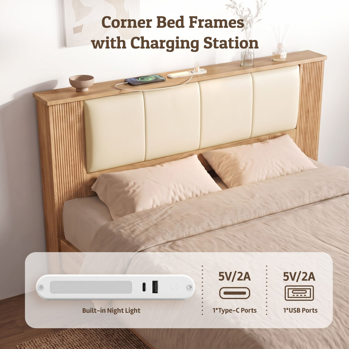 King Single Bed Frame with 2 Drawers, PU Leather Headboard & Charging Station