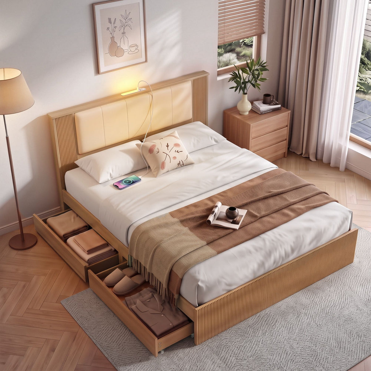 Queen Bed Frame with 2 Under-Bed Drawers, PU Leather Headboard & USB Charging Station