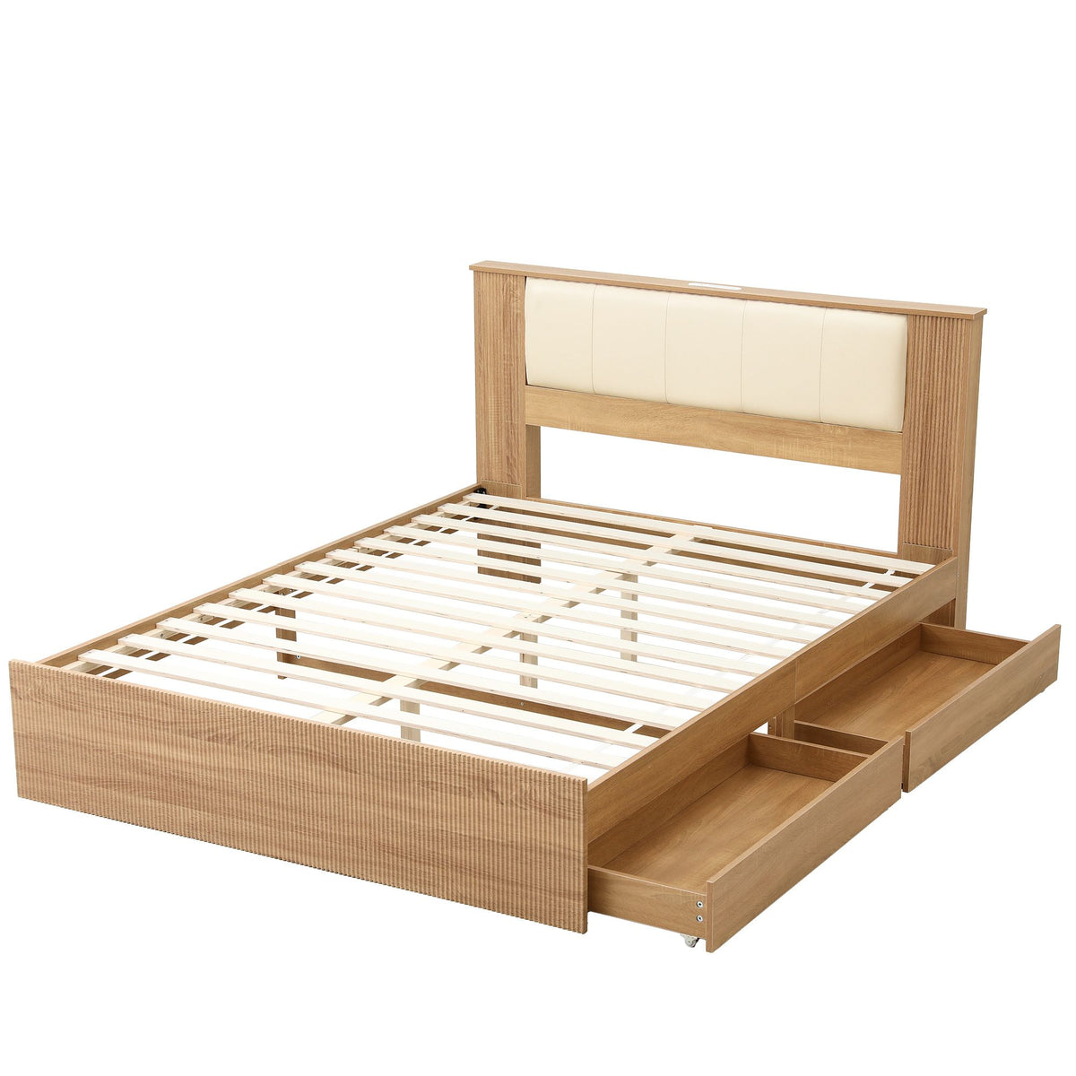 Queen Bed Frame with 2 Under-Bed Drawers, PU Leather Headboard & USB Charging Station