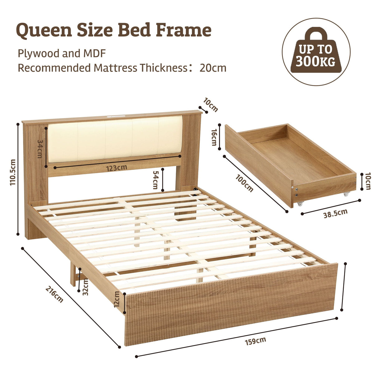 Queen Bed Frame with 2 Under-Bed Drawers, PU Leather Headboard & USB Charging Station