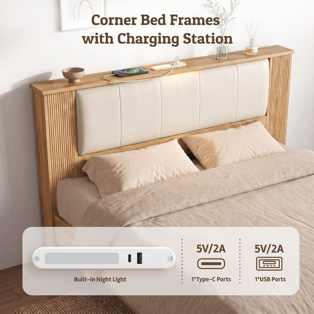 Queen Bed Frame with 2 Under-Bed Drawers, PU Leather Headboard & USB Charging Station