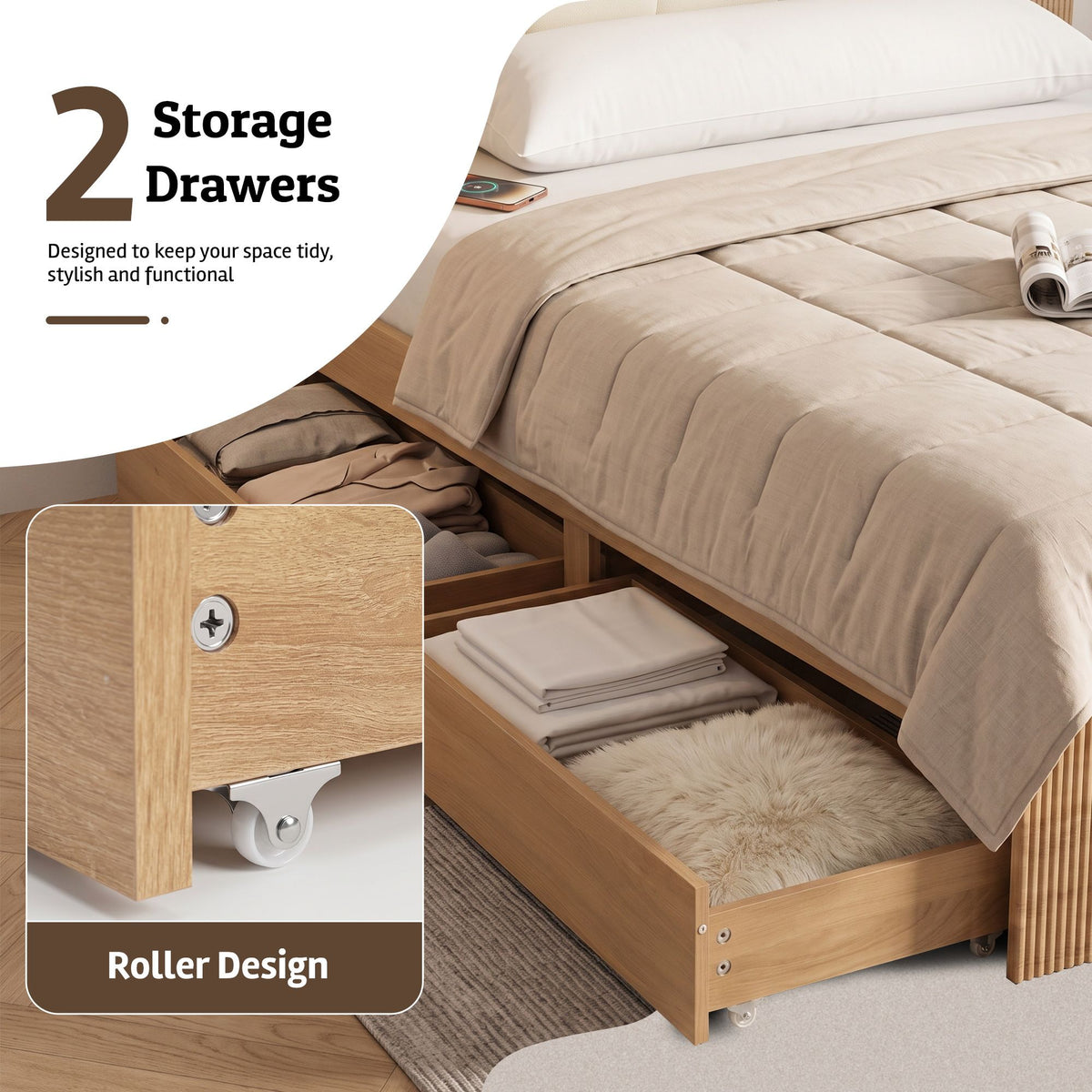 Queen Bed Frame with 2 Under-Bed Drawers, PU Leather Headboard & USB Charging Station