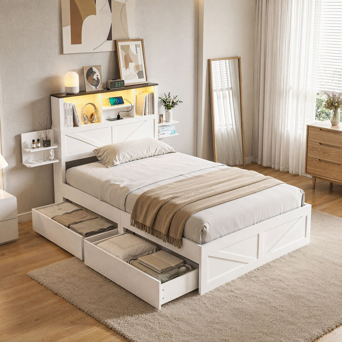 King Single Bed Frame with Storage Drawers White Platform Bedframe with Bookcase Headboard Charging Station Led Light