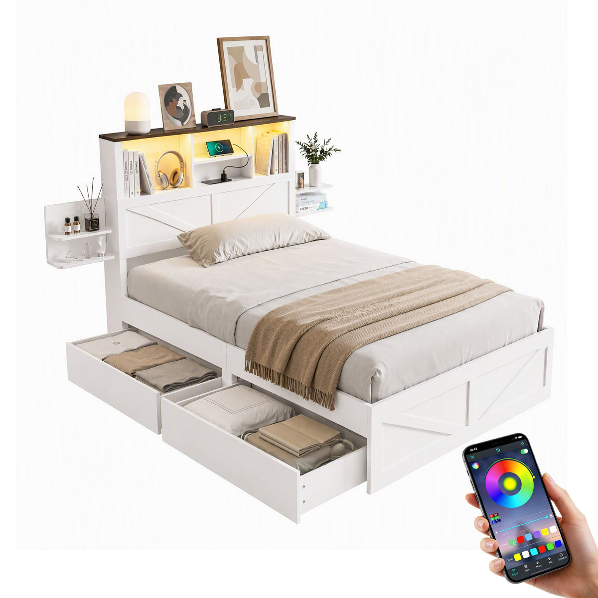 King Single Bed Frame with Storage Drawers White Platform Bedframe with Bookcase Headboard Charging Station Led Light