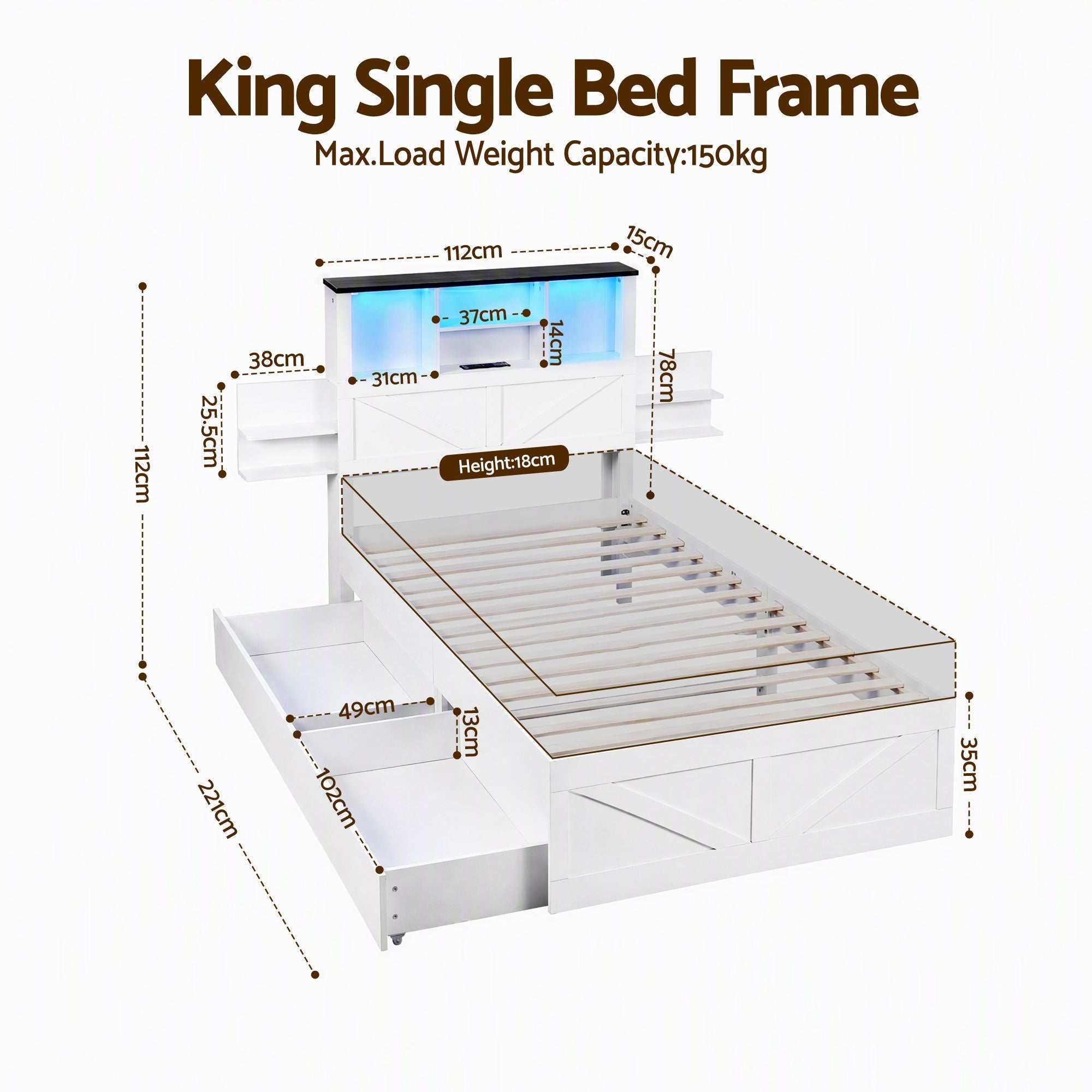King Single Bed Frame with Storage Drawers White Platform Bedframe with Bookcase Headboard Charging Station Led Light