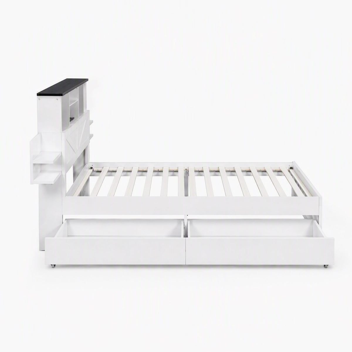 King Single Bed Frame with Storage Drawers White Platform Bedframe with Bookcase Headboard Charging Station Led Light