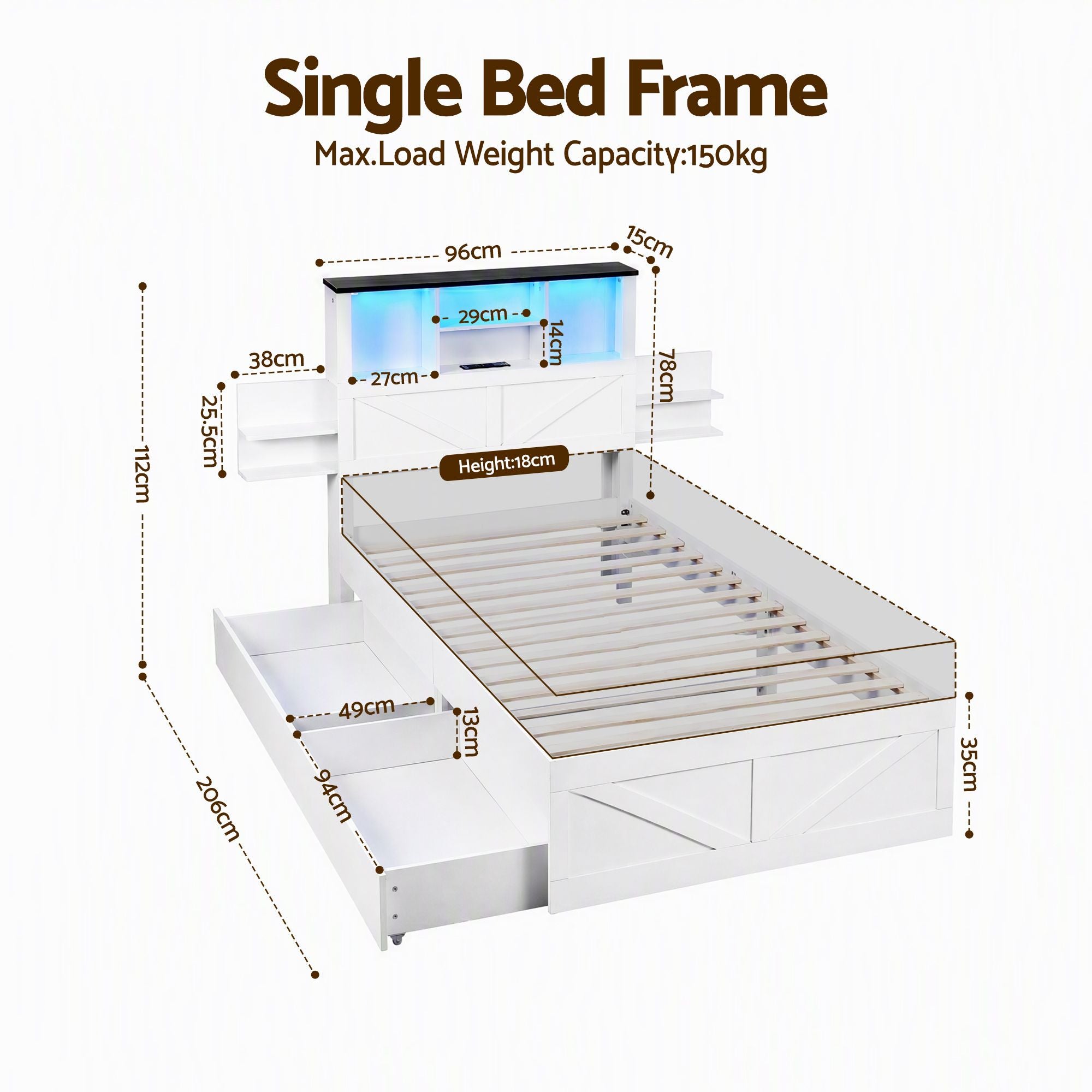 Single Bed Frame with Storage Drawers White Platform Bedframe with Bookcase Headboard Charging Station Led Light
