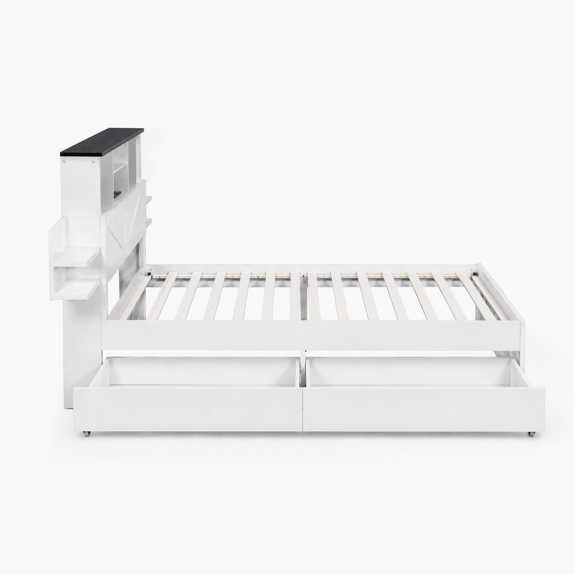 Single Bed Frame with Storage Drawers White Platform Bedframe with Bookcase Headboard Charging Station Led Light
