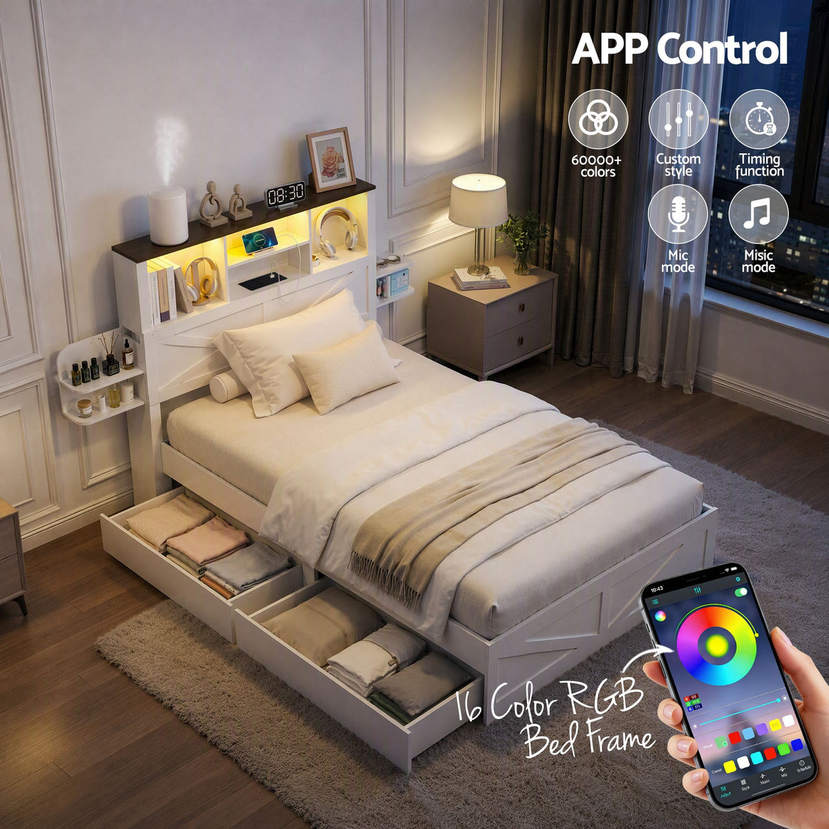 Single Bed Frame with Storage Drawers White Platform Bedframe with Bookcase Headboard Charging Station Led Light