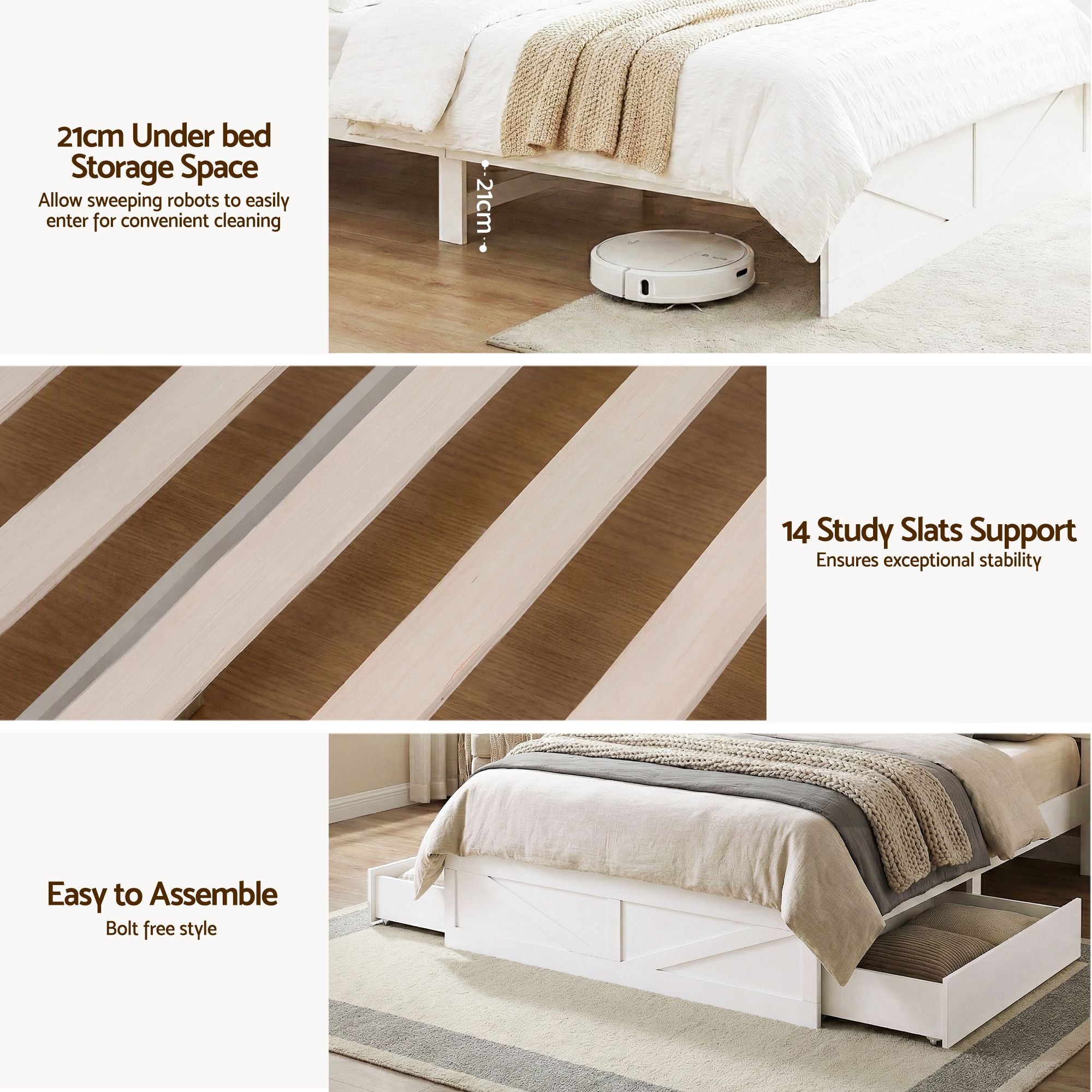 Single Bed Frame with Storage Drawers White Platform Bedframe with Bookcase Headboard Charging Station Led Light