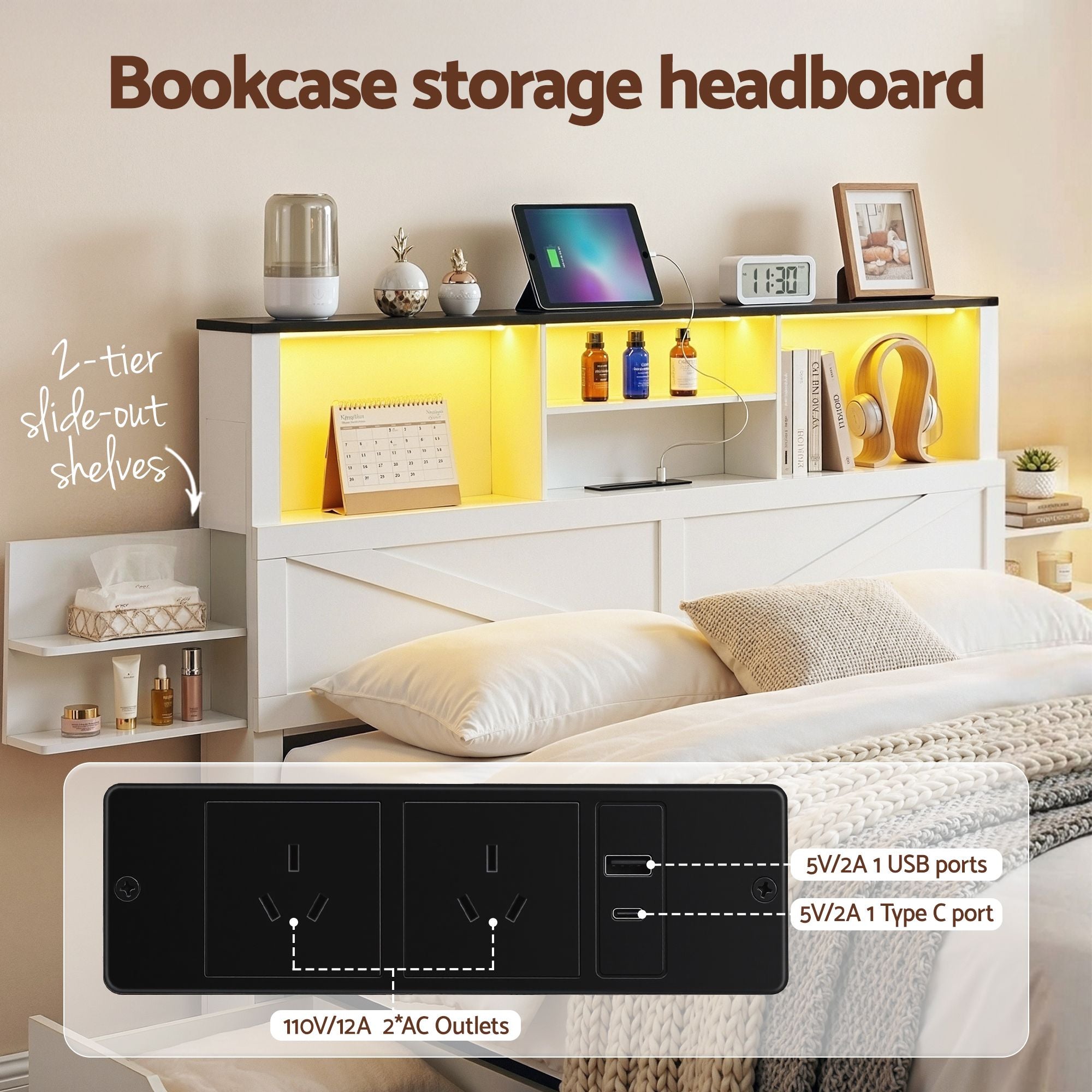 Single Bed Frame with Storage Drawers White Platform Bedframe with Bookcase Headboard Charging Station Led Light