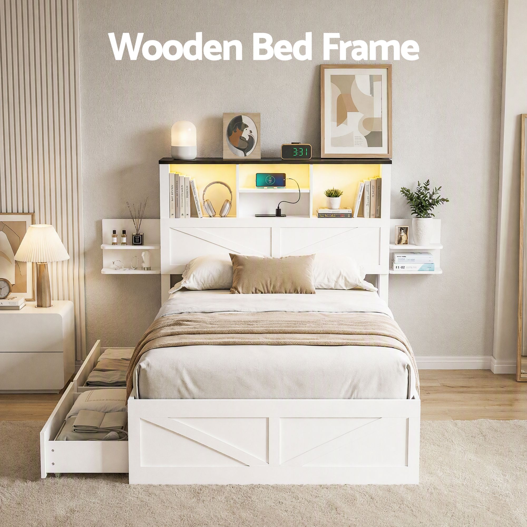 Single Bed Frame with Storage Drawers White Platform Bedframe with Bookcase Headboard Charging Station Led Light