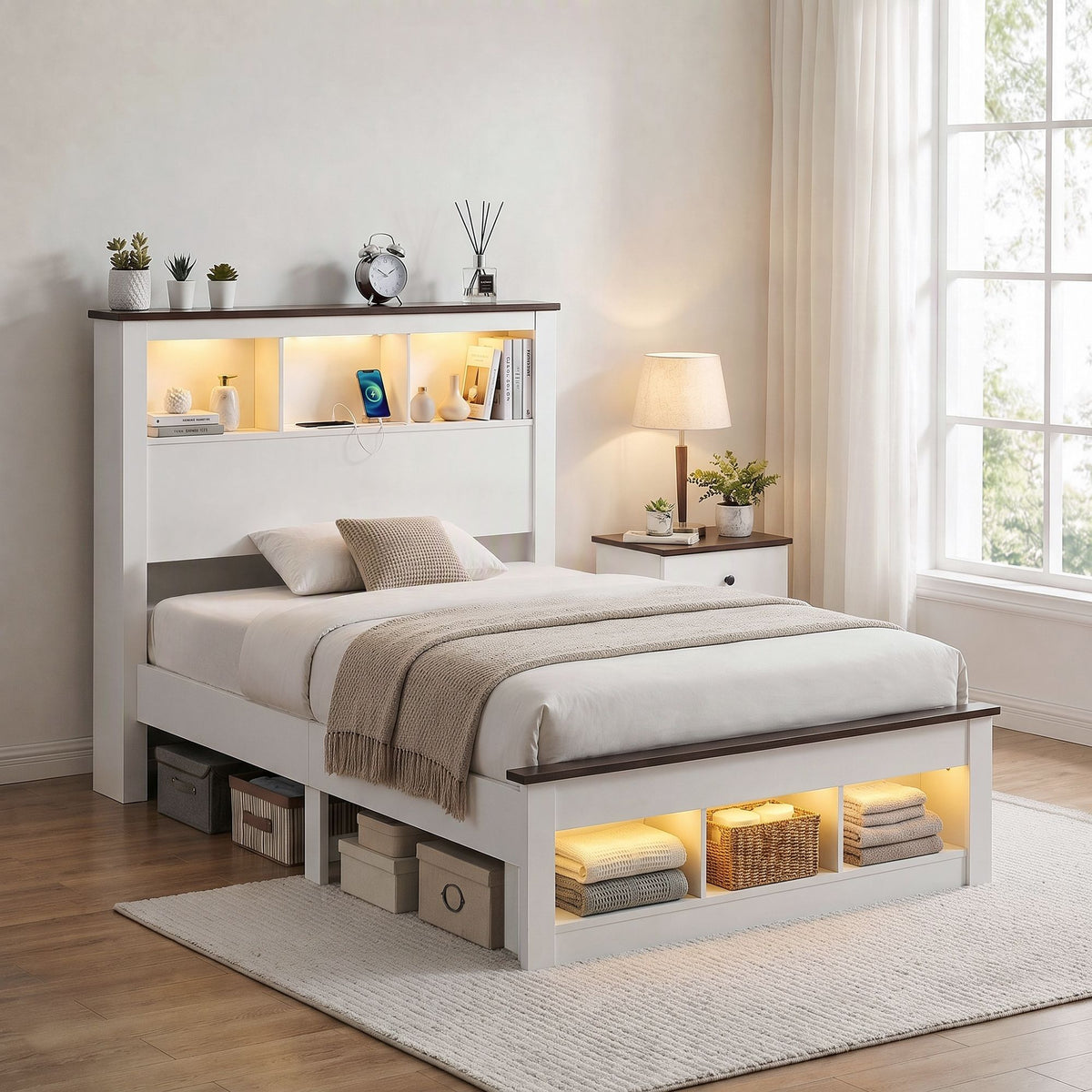 King Single Bed Frame with Storage Bookcase Headboard and Footboard, White