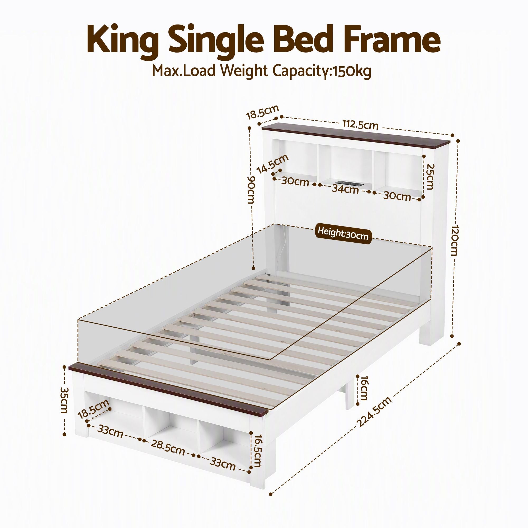 King Single Bed Frame with Storage Bookcase Headboard and Footboard, White