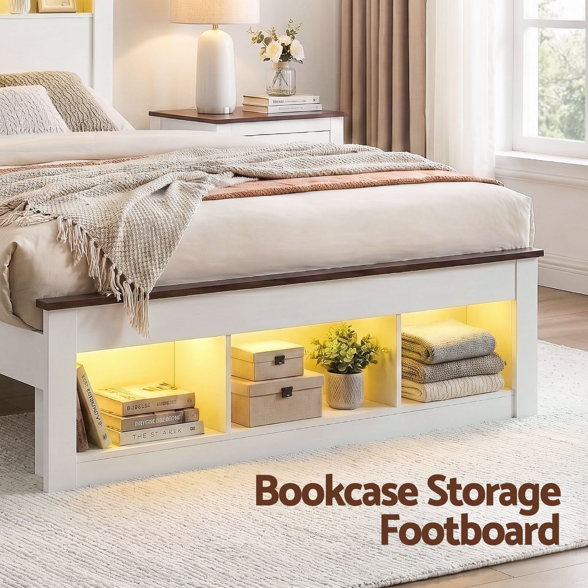 King Single Bed Frame with Storage Bookcase Headboard and Footboard, White