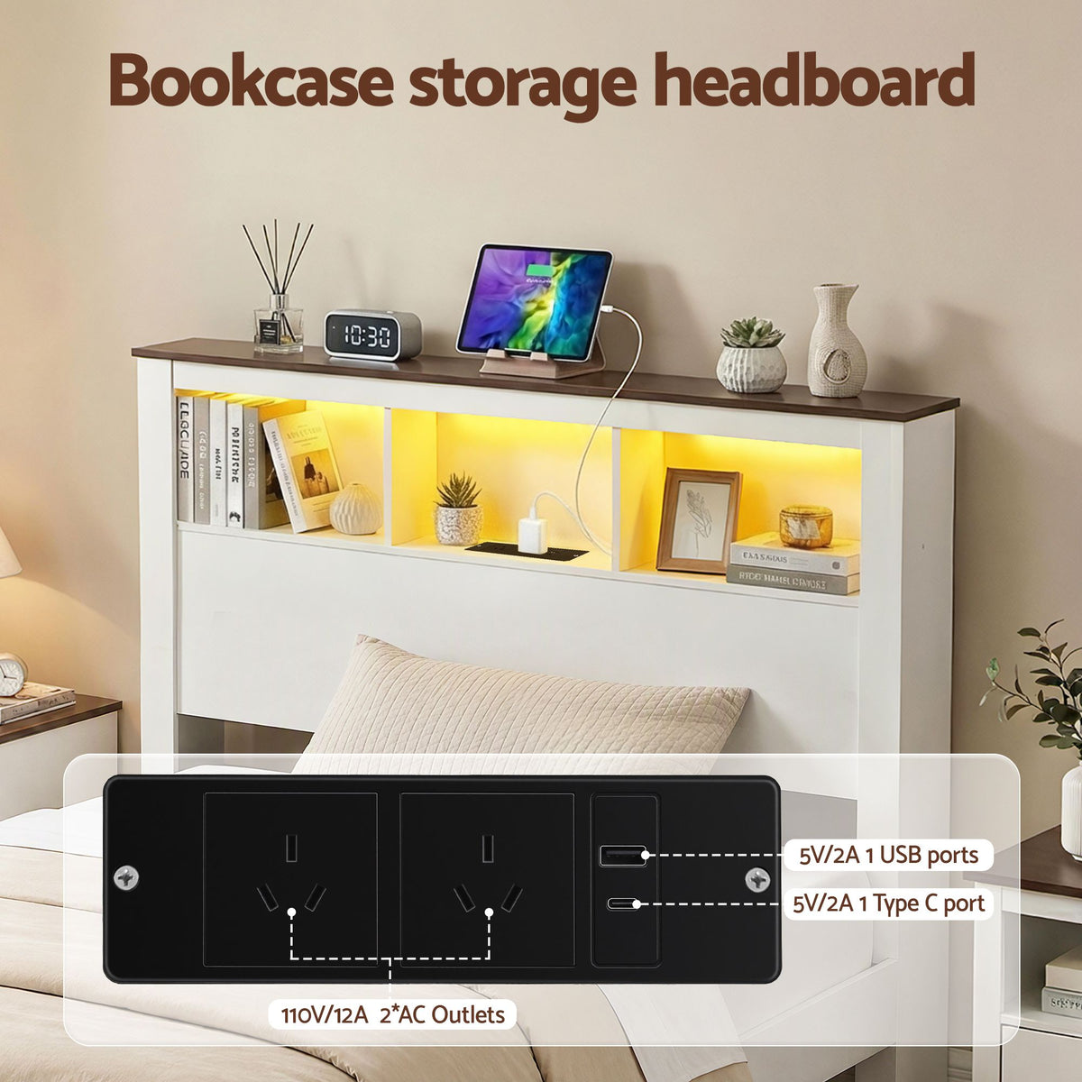 King Single Bed Frame with Storage Bookcase Headboard and Footboard, White