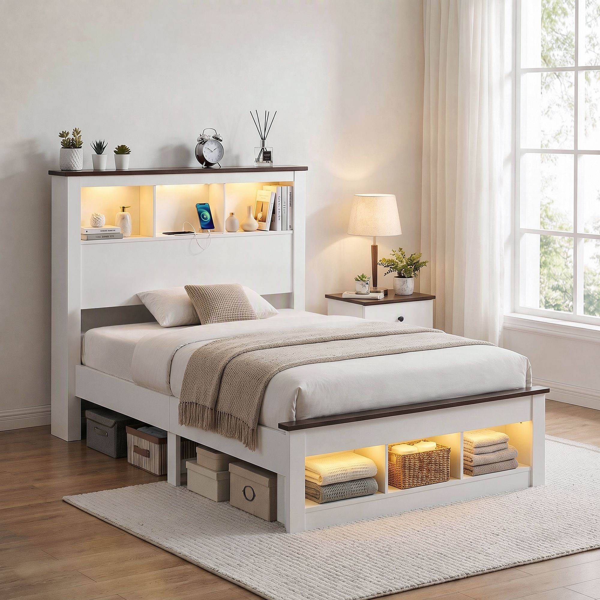 Single Bed Frame with Storage Bookcase Headboard and Footboard, White
