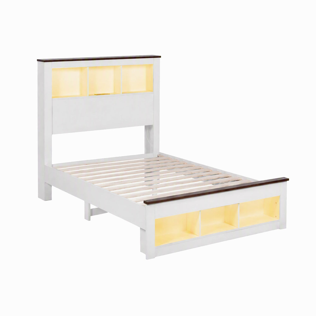 Single Bed Frame with Storage Bookcase Headboard and Footboard, White