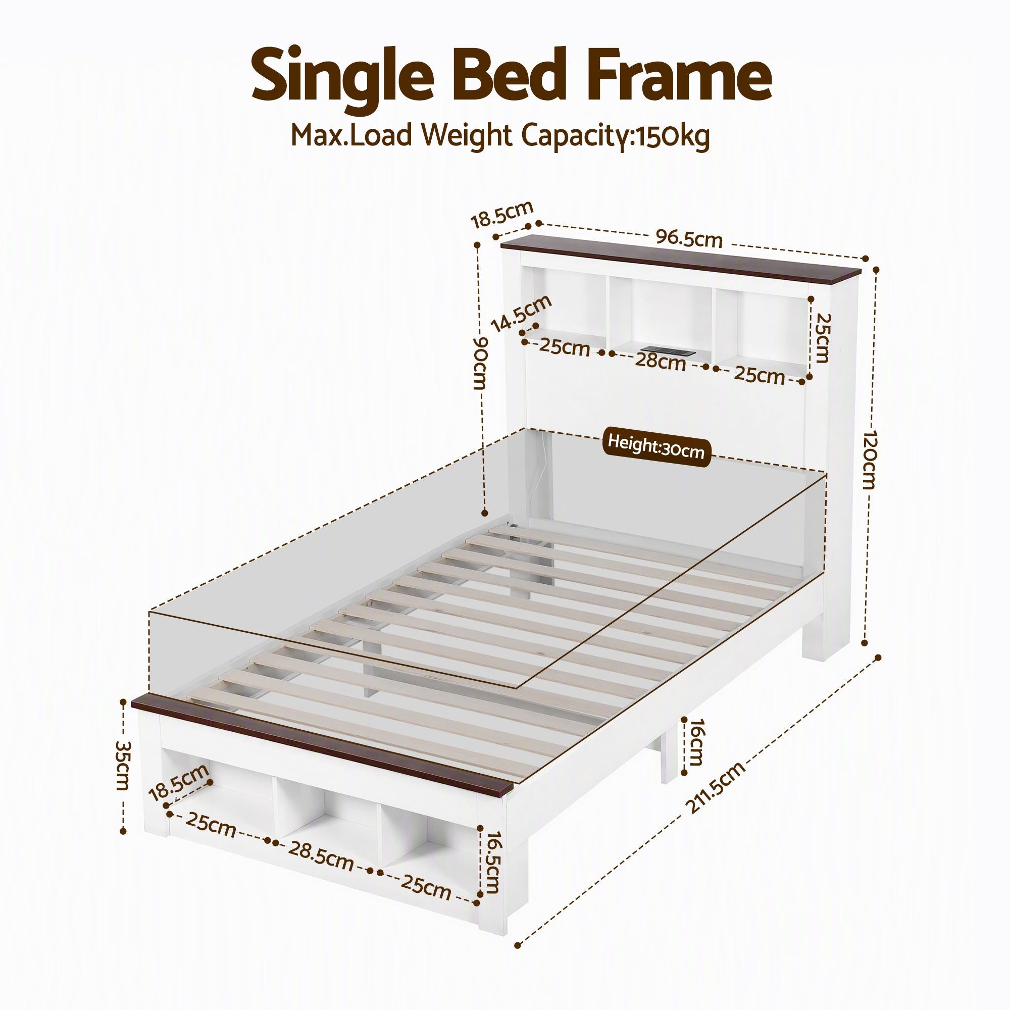 Single Bed Frame with Storage Bookcase Headboard and Footboard, White