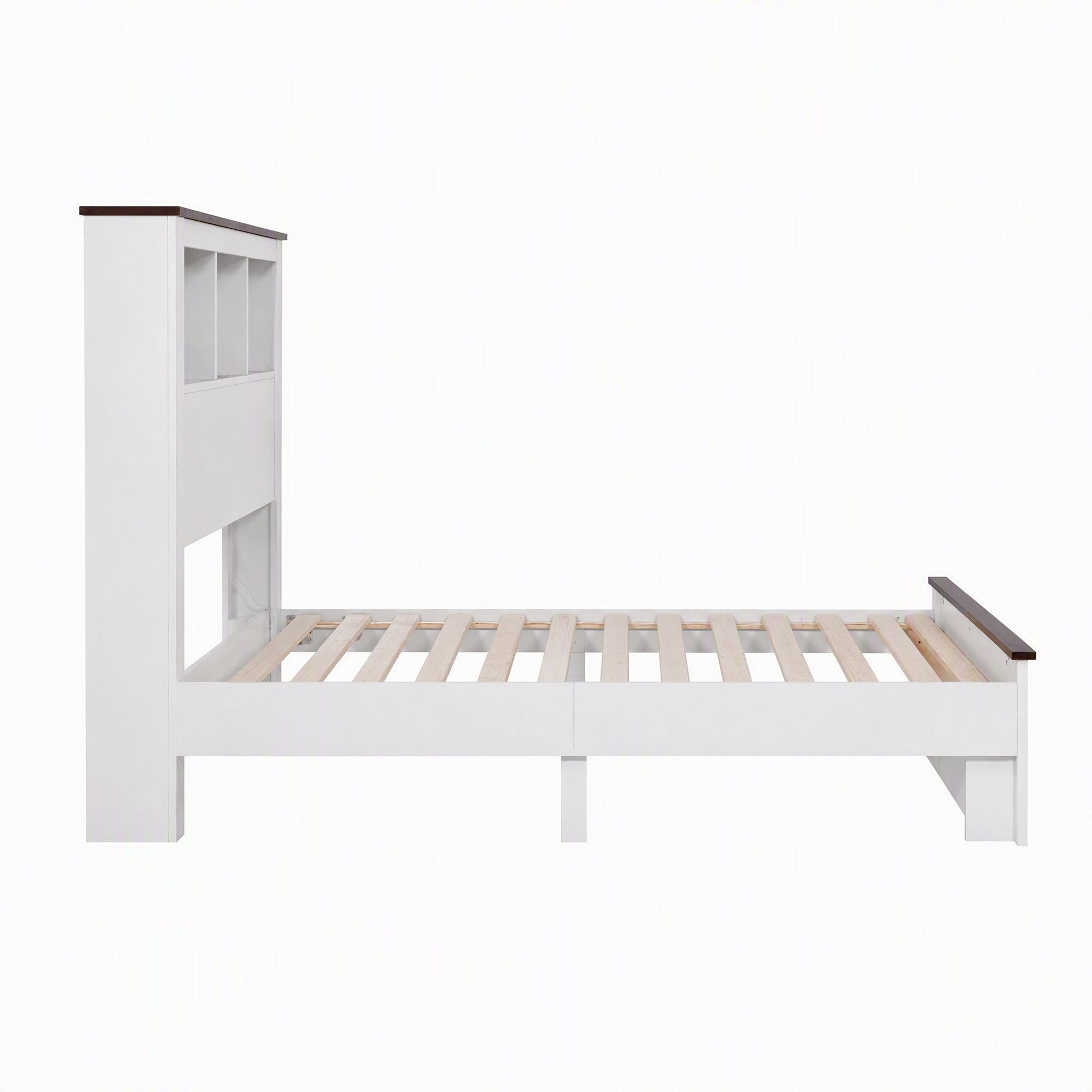 Single Bed Frame with Storage Bookcase Headboard and Footboard, White
