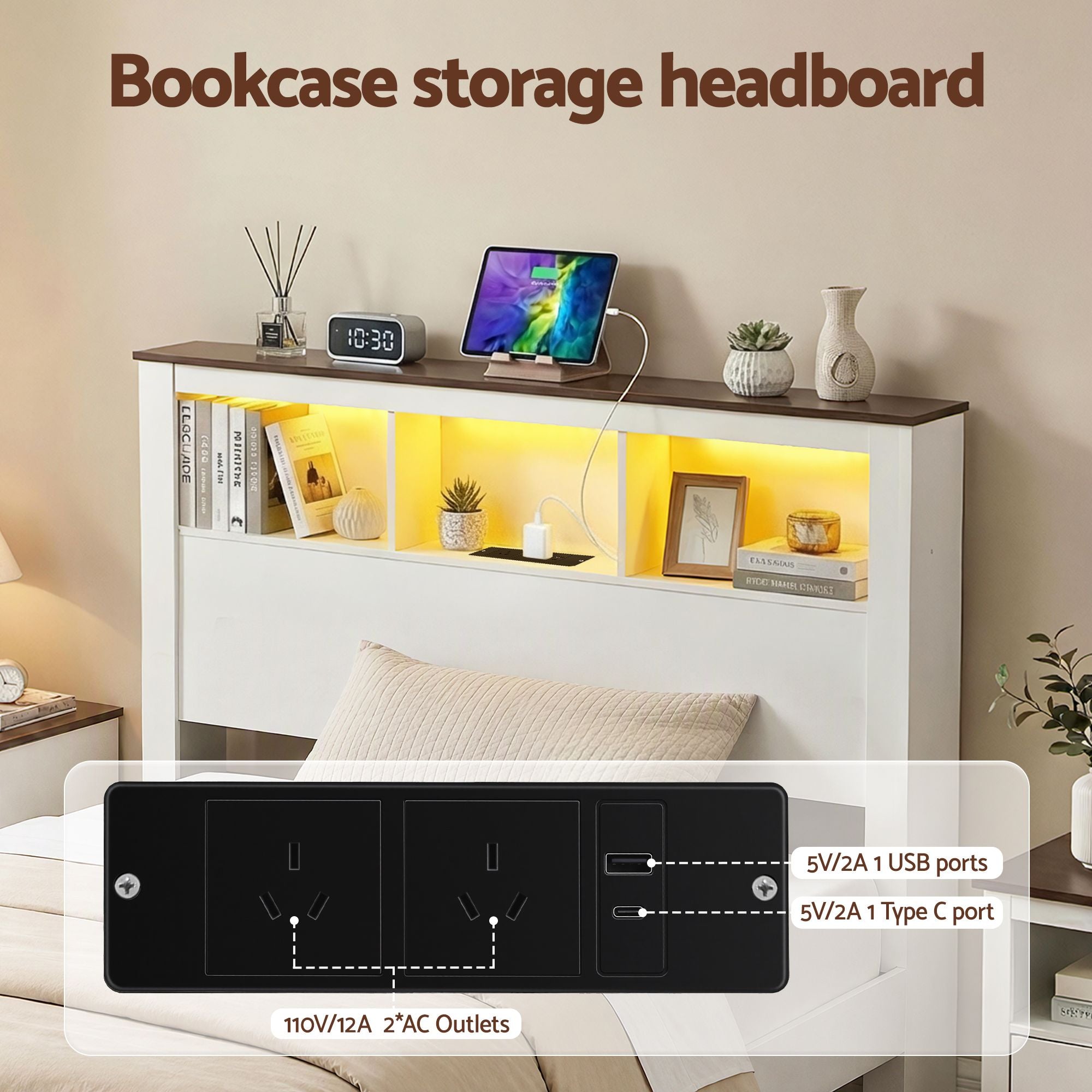 Single Bed Frame with Storage Bookcase Headboard and Footboard, White
