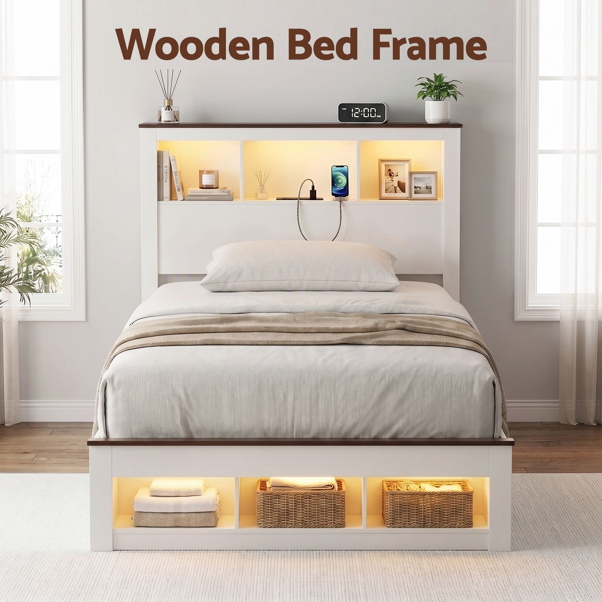 Single Bed Frame with Storage Bookcase Headboard and Footboard, White
