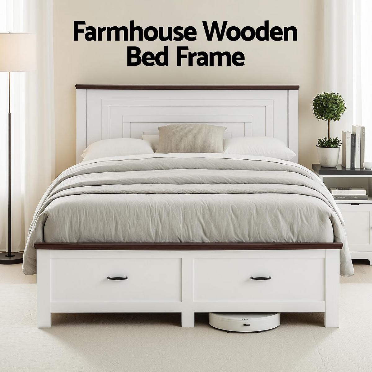 Double Wooden Bed Frame with 2 Bedside Tables Bedroom Furniture Set
