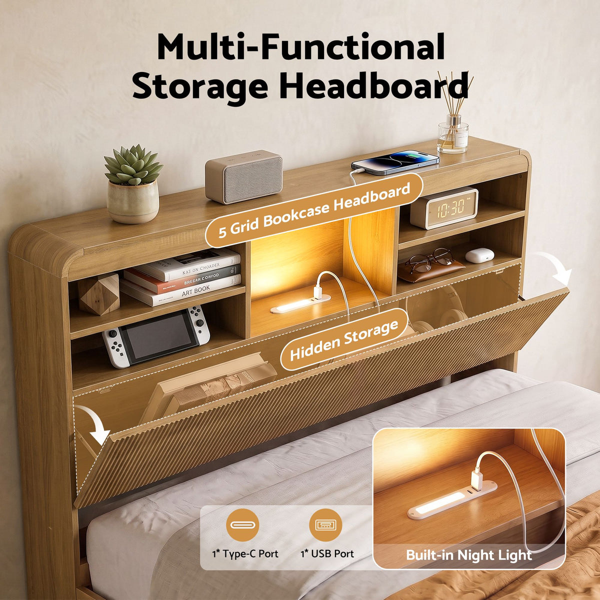 Double Bed Frame with 4 Storage Drawers, USB Ports & Night Light - Natural