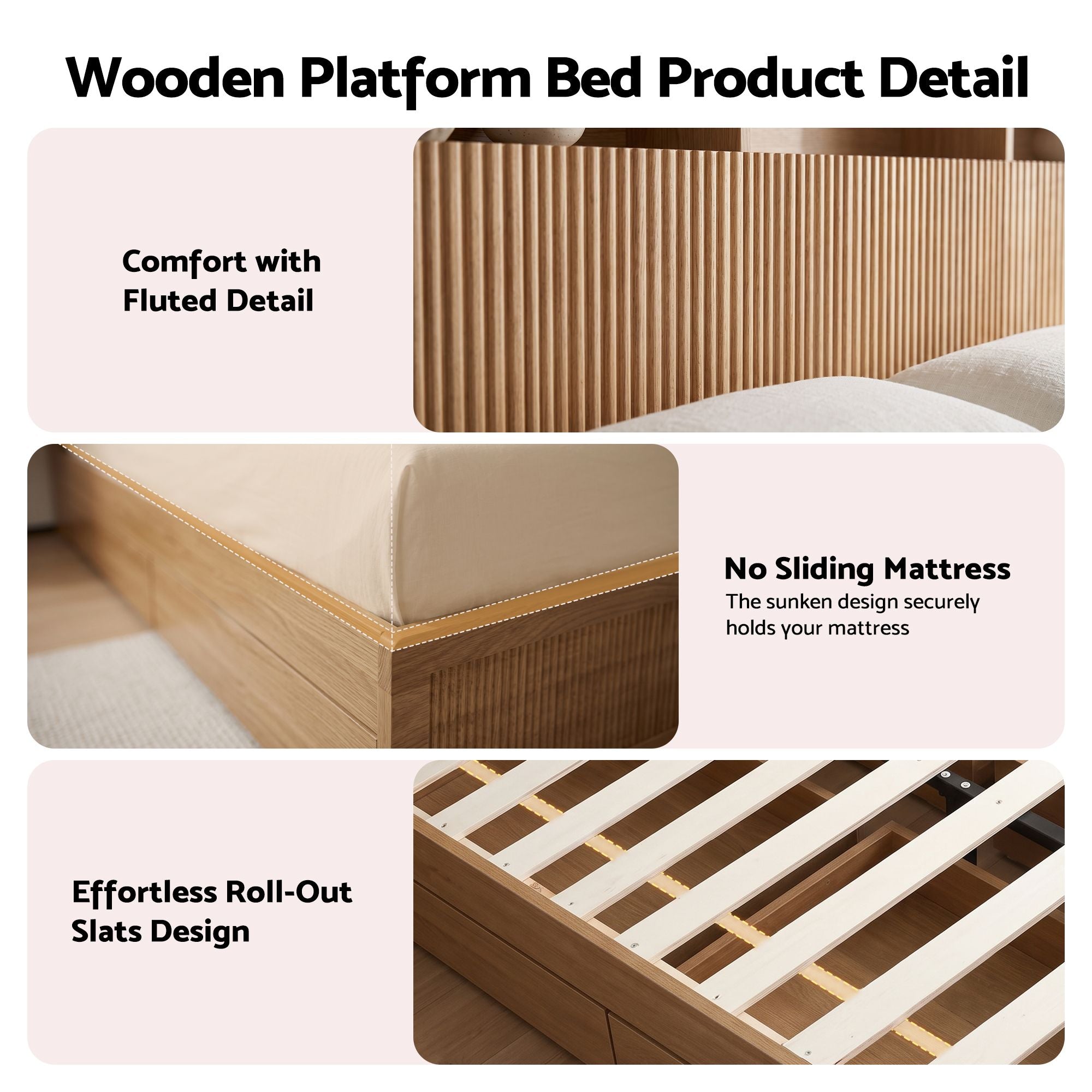 Double Bed Frame with 4 Storage Drawers, USB Ports & Night Light - Natural
