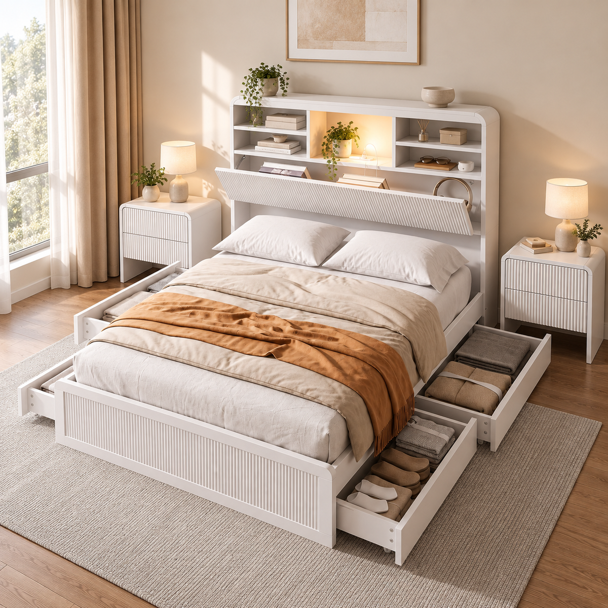 King Single Bed Frame with Bookcase Headboard, Storage Drawers & 2 Bedside Tables