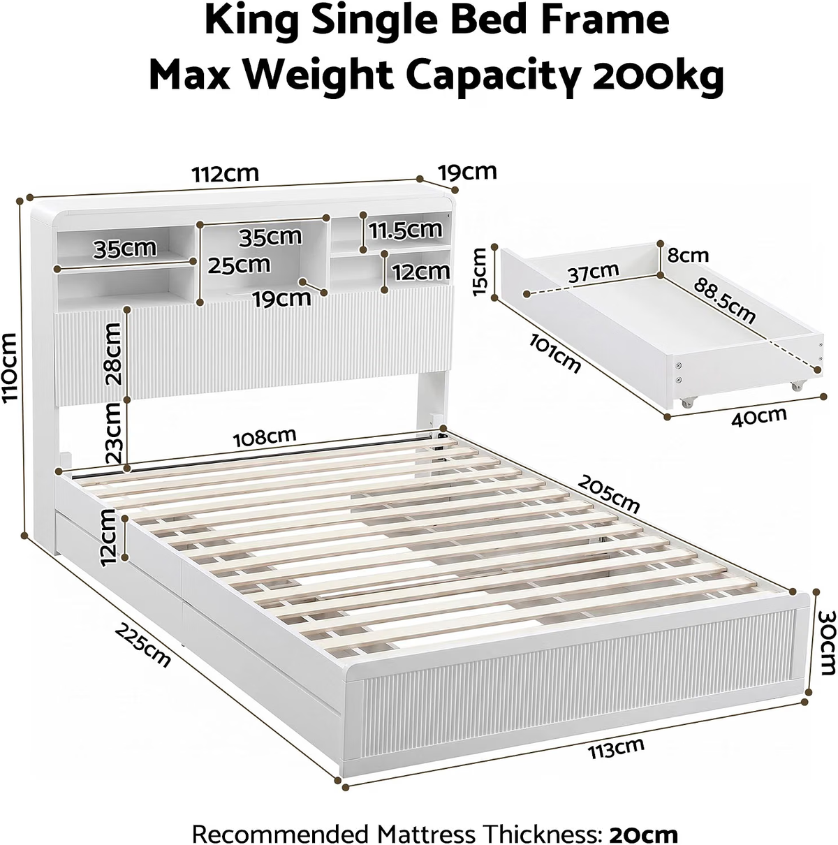 King Single Bed Frame with Bookcase Headboard, Storage Drawers & 2 Bedside Tables
